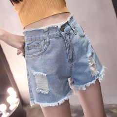 Large size women 2017 summer new fashion denim shorts hole mm fat thin lipped hole denim shorts 5XL Picture color