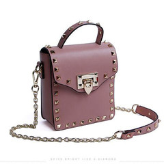 2016 new handbag leather bag chain rivet Bag Shoulder Messenger Bag Leather fashionista small package Black with red