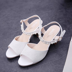 2017 summer new Korean crude sandals female high-heeled shoes all-match simple word hairtail mouth working women shoes Thirty-eight white