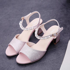 2017 summer new Korean crude sandals female high-heeled shoes all-match simple word hairtail mouth working women shoes Thirty-eight Pink