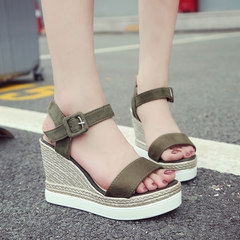 A thick summer sandals female Korean word buckle comfort wedge sandals female all-match toe high-heeled sandals fish mouth Thirty-eight green