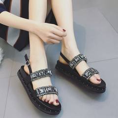 The Korean version of all-match word with 2017 new female muffin sandals summer thick bottom flat shoes British students in Rome Thirty-eight black