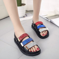 Rome summer soft bottom toe sandals shoes bottom thick Velcro muffin bottom flat 2017 new students. 36 is small Black 00