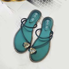 2017 Korean slippers, summer female new set, toe diamond, comfortable soft bottom, flat bottom cool shoes, casual beach shoes Thirty-eight green