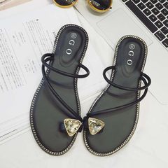 2017 Korean slippers, summer female new set, toe diamond, comfortable soft bottom, flat bottom cool shoes, casual beach shoes Thirty-eight black