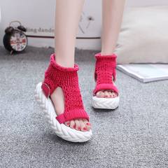 2017 new female summer sandals all-match Korean lady shoe fashion wool thick soled casual student flat platform shoes 39 standard code! Plum red