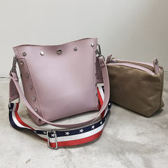 2017 new Korean multipurpose bucket bag bag pull leather leather shoulder bag strap width bags Pink