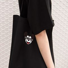 The new version of the original all-match Japan printed portable single shoulder bag simple art canvas bag student bag green bag Mickey black + zip
