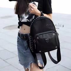 Ou Li leather leather cloth with genuine drunk cattle backpack Korean Star Academy all-match travel bag rivets black