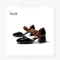 In the spring of 17 New England Mary Jane shoes buckle sandals with high-heeled shoes' grandma shoes with thick paint Thirty-eight Pearlescent black