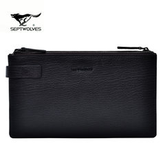 Septwolves letter Clutch Handbag men head layer cowhide long hand bag Genuine Leather Men's fashion business Three layers