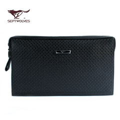 Septwolves new men's casual fashion handbags genuine soft leather zipper wallet long bulk handbag Sky blue