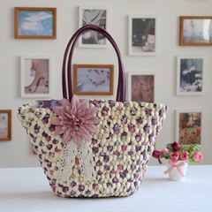Two bag mail straw bag beach Bohemia Suihua knitting handbag three strands braided tassel lace lilac flowers Lavender