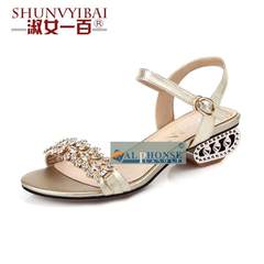 Diamond sandals, female summer leather, low heel sandals, ladies comfort, flat heel, coarse and straight, big flat shoes Thirty-eight Golden