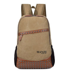 New edition men's Rivet canvas bag, retro backpack, leisure travel bag, high school bag backpack Khaki