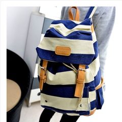New striped girls, backpacks, school wind, fashion trends, small, fresh Korean, rope bag, canvas bag blue