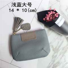 New coins change, Baotou layer leather patch, small zero wallet, tassel key buckle, leather change, small bag mail Light blue large (in stock)