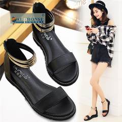 2017 summer new leather flat sandals in Rome increased bandage slope with big shoes, simple and casual shoes Thirty-eight black