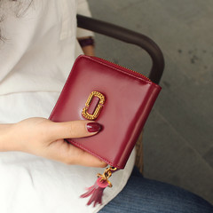 2017 Korean leather short wallet, female retro tassels, mirror zipper, leather wallet, simple purse, thin woman Claret