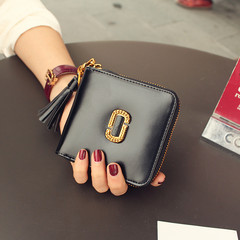 2017 Korean leather short wallet, female retro tassels, mirror zipper, leather wallet, simple purse, thin woman black