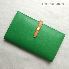F.D leather purse long simple head layer cowhide multi card buckle hand handmade Wallet Purse Golden green