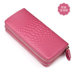The new double zipper head layer Cowhide Leather Wallet Purse long pure crocodile embossed leather clutch hand bag K018 double Pink