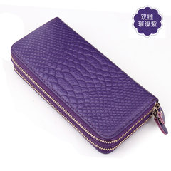 The new double zipper head layer Cowhide Leather Wallet Purse long pure crocodile embossed leather clutch hand bag K018 double purple