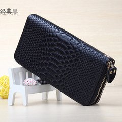 The new double zipper head layer Cowhide Leather Wallet Purse long pure crocodile embossed leather clutch hand bag K018 double black