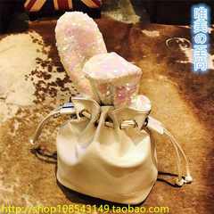 The 2017 New South Korea sequins rabbit ears drawstring Bucket Bag Satchel chain bag bag bag tide pearl white