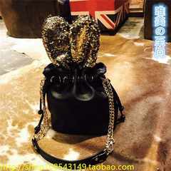 The 2017 New South Korea sequins rabbit ears drawstring Bucket Bag Satchel chain bag bag bag tide Black + gold