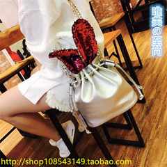 The 2017 New South Korea sequins rabbit ears drawstring Bucket Bag Satchel chain bag bag bag tide Silver + Rose Red