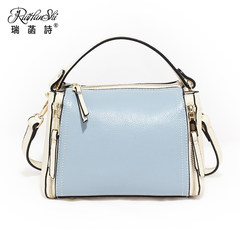 2017 new Korean female leather bucket bag color Shoulder Messenger Bag Mini Laptop bag simple all-match Blue spell white