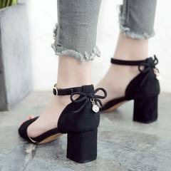 Bow rough Heels Sandals diamond 2017 summer new Korean word buckle sandals with girls Thirty-eight Semipermeable Silver