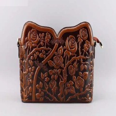 Imported leather embossed leather hand bag new branches of original folk style retro Bag Shoulder Bag Brown tree rose