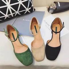 Cathy Lu in the spring of 2017 new square hollow Suede Heels Shoes Asakuchi word buckle Mary Jane shoes Thirty-eight black
