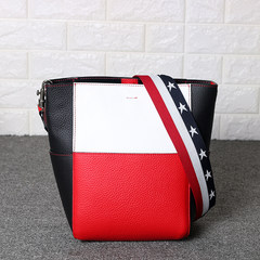 2017 new simple all-match leather color bucket bag handbag shoulder wide straps leisure Xiekua package tide Black and white red