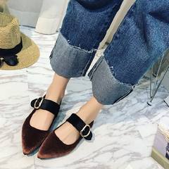 2016 new small shoes retro silk matte buckle pointed flat shoes Doug word spell color thick with Mary Jane shoes Thirty-eight black