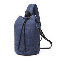 新款男士双肩包男女韩版帆布水桶包书包篮球包个性旅行背包健身包 深蓝色小号