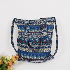 Original vintage folk style cotton linen bag hand bag bag portable hand bag shopping Xiekua package Blue dog teeth have zip