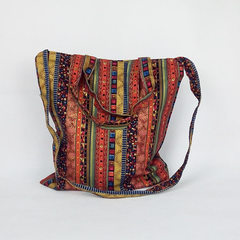 Original vintage folk style cotton linen bag hand bag bag portable hand bag shopping Xiekua package The red stripe has zip