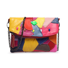 2015 summer cowhide small bag Single Shoulder Bag Fashion stitching color chain Mini Hand Leather Handbag gules
