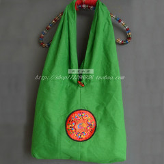 Folk style embroidery cloth shoulder bag pure cotton canvas crafts Thailand female fashion leisure bag green