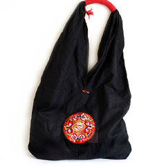 Folk style embroidery cloth shoulder bag pure cotton canvas crafts Thailand female fashion leisure bag black