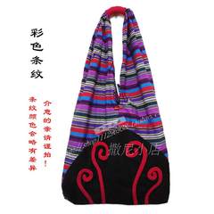 Folk style embroidery cloth shoulder bag pure cotton canvas crafts Thailand female fashion leisure bag Color stripe