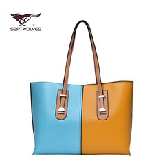 Septwolves Lichade Color Leather Tote Bag Handbag Shoulder Bag Handbag Bag retro large capacity Sky blue