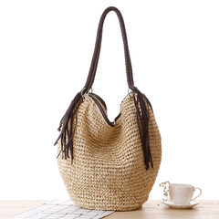 The National Post fringed fashion strap straw bag zipper woven bag Octopus beach bag shoulder bag for women Beige