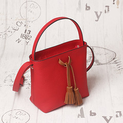 Small bag 2017 new import head layer cowhide bag all-match shoulder diagonal cross color tassel Mini Bucket Bag Big red
