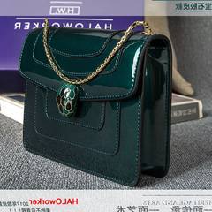 Snakeskin bag chain bag 2017 new leather embroidery women`s bag single shoulder portable oblique cross organ adhesive paint leather small square bag dark green