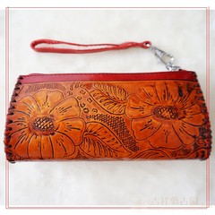 Eight petals plum carving bag, leather carving, hand bag, auspicious Mongolia Garden Red edge