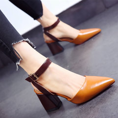 A new summer strap High Heels Sandals with coarse black leather shoes Baotou side empty yellow tide Thirty-eight brown
